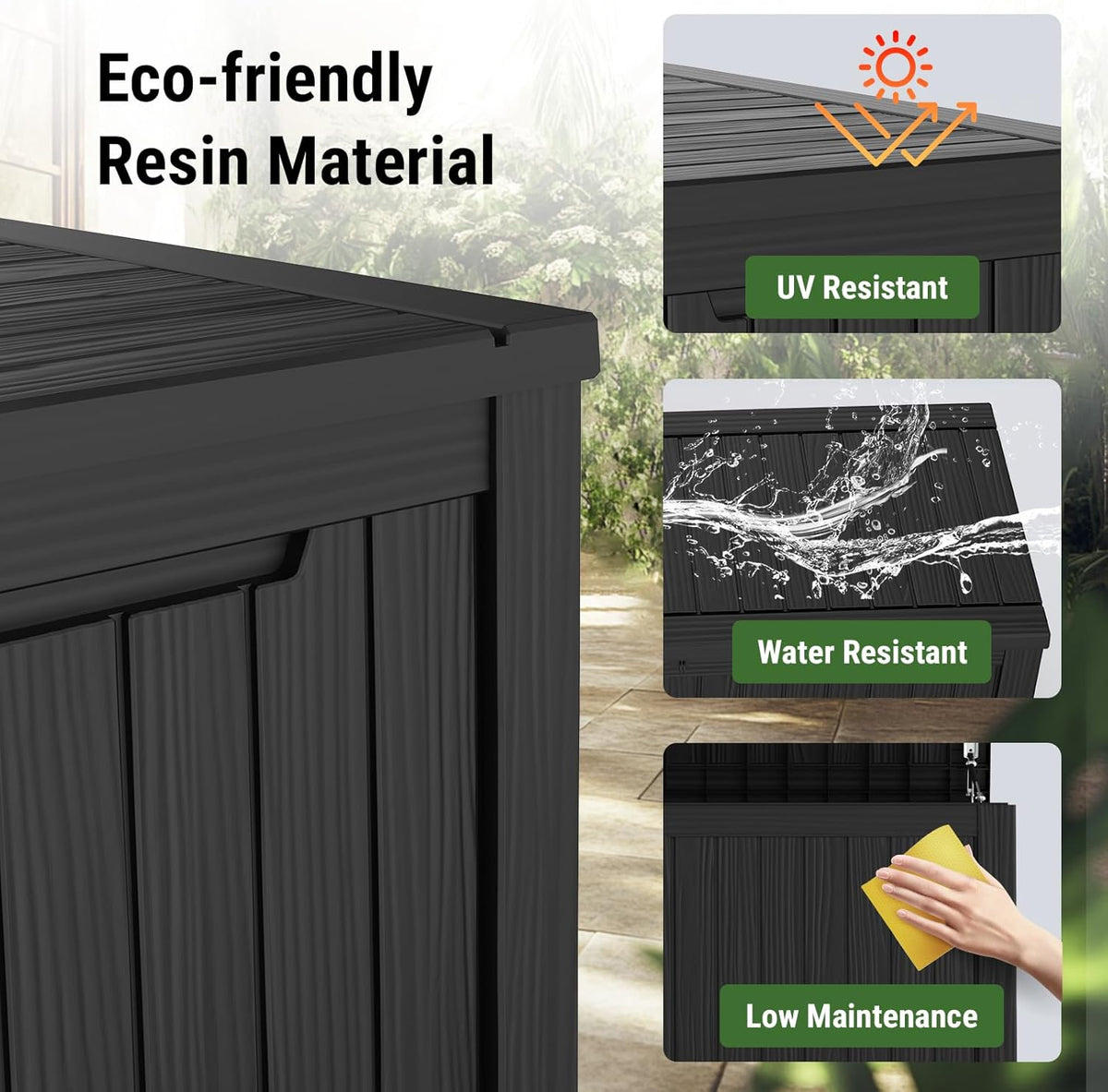 Mars Villa 119 Gallon Outdoor Storage Box Waterproof, Large Resin Deck Box for Pool Supplies Storage, Outdoor Patio Furniture Cushions, with Hydraulic Hinge, UV-Resistant and Weatherproof, Black