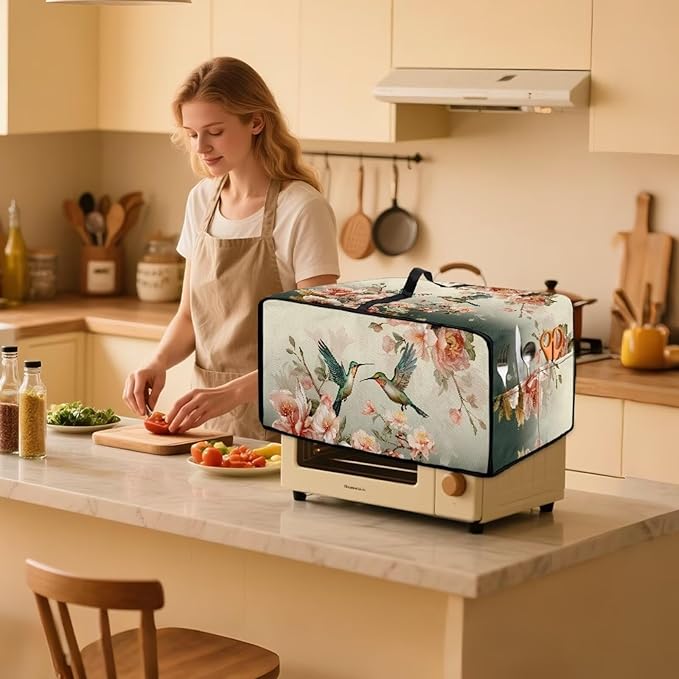 Air Fryer Toaster Oven Dust Cover Washable Fabric Countertop Microwave Smart Oven Cover for Kitchen Countertop Decor, L, 18.5 x 22.5 x 13 inches, Hummingbird Floral Pattern