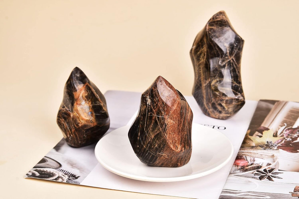 AMOYSTONE Black Moonstone Flame Shaped Towers Large Healing Crystal Stone Home Decor 1.5-2.2LBS