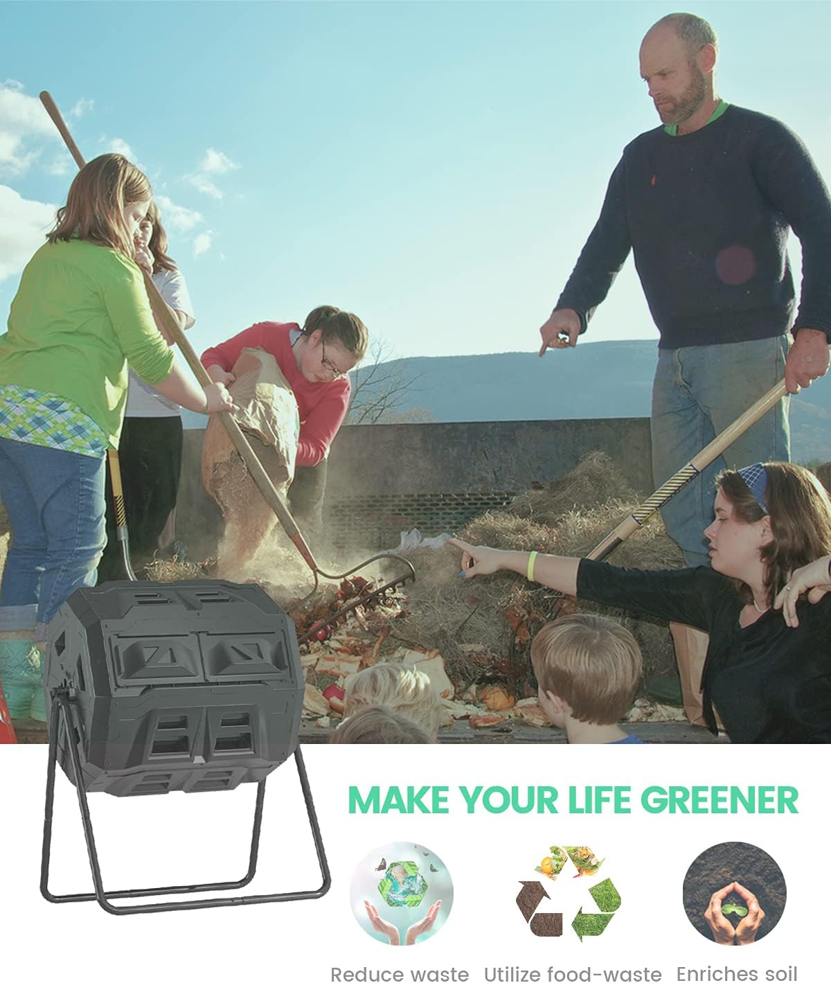 2021 Upgraded Tumbling Composter with Compost Thermometer - Dual Chamber Garden Compost Bin(43 Gal, Black)