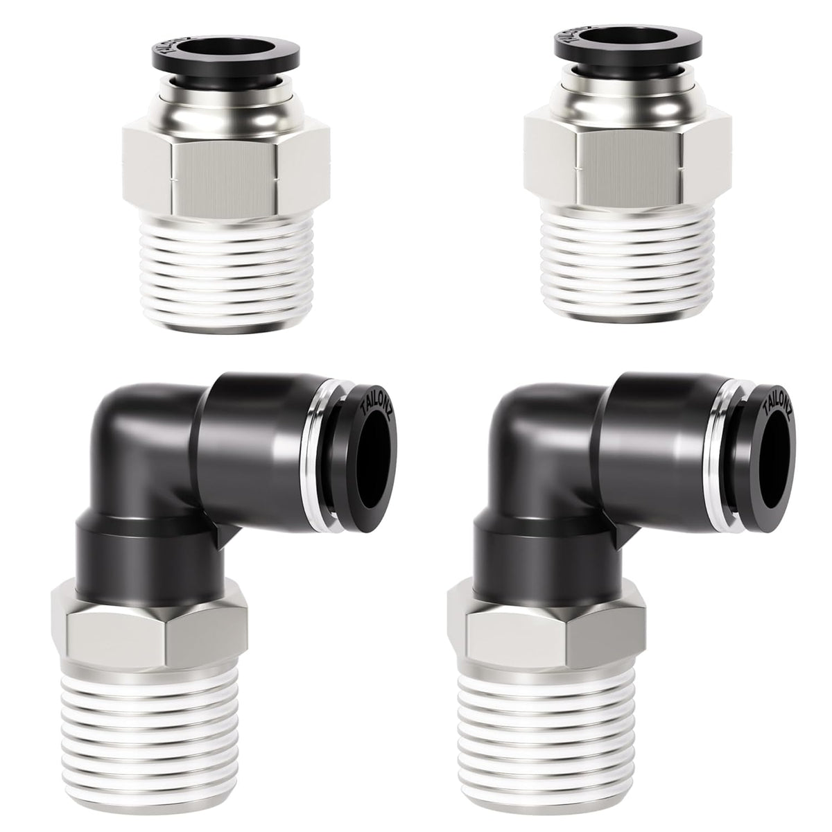 TAILONZ PNEUMATIC Elbow and Straight Combination 1/4 Inch Tube OD x 3/8 Inch NPT Thread Push to Connect Fittings PC-1/4-N3+PL-1/4-N3(Pack of 4)