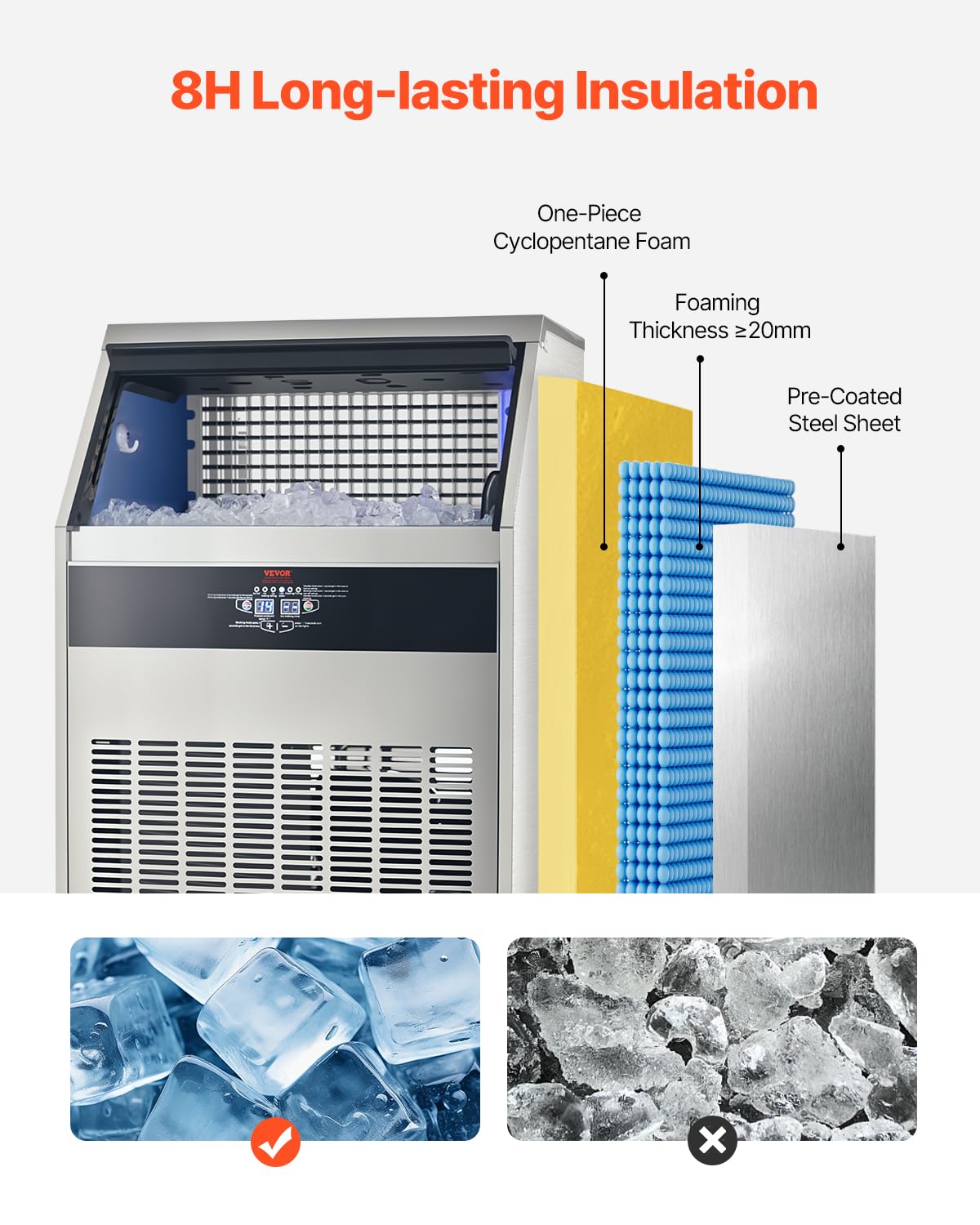 VEVOR Commercial Ice Maker Machine, 440lbs/24H Ice Maker Machine with 110lbs Storage Capacity, 160 Ice Cubes in 15 Minutes, LED Digital Display Freestanding Self-Cleaning for Bar Office Restaurant
