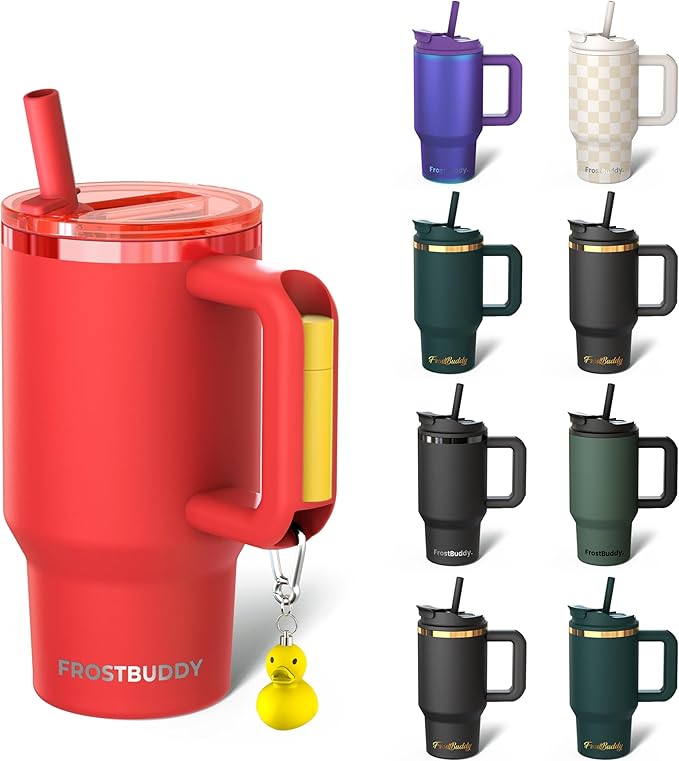 Frost Buddy Thicc Buddy - 16 oz Stainless Steel Vacuum Insulated Tumbler with Lid and Straw for Water - Travel Mug Cupholder Friendly - Gifts for Women Men Him Her (Crimson)
