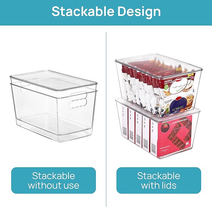 Vtopmart 12 Pack Clear Stackable Storage Bins with Lids, Large Plastic Containers with Handle for Pantry Organizer and Storage,Perfect for Bathroom,Cabinet,Kitchen,Fridge,Closet Organization