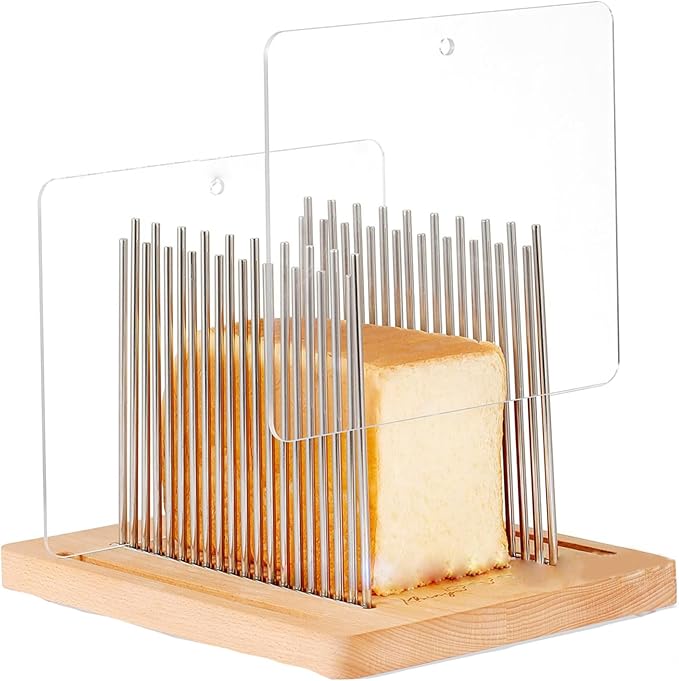 Manual Bread Slicer, Adjustable Stainless Steel Guide - Foldable Compact Slicer for Homemade Loaf, Wood Base