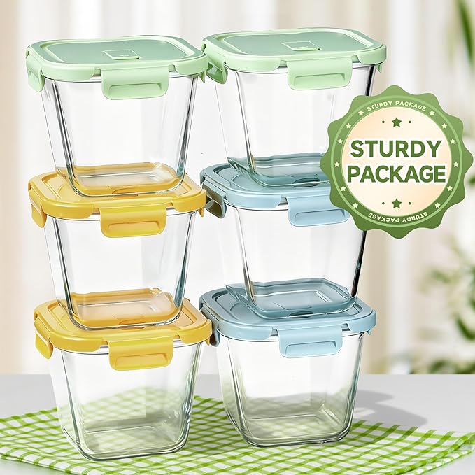 Glass Soup Containers with Lids 32oz - Borosilicate Glass Storage Containers 4 Cup, Freezer to Microwave Safe, Airtight Leak Proof, Square Meal Prep Containers for Lunch Travel- 6 Pack