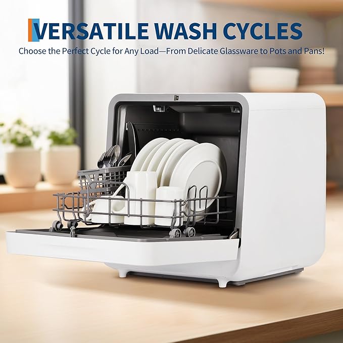 Portable Countertop Dishwasher – No Installation Needed, 2 in-1s Self-Priming & Dual Water Inlet Modes, 72℃ Hot Air Drying, Compact for Home, Apartment, RV Use with Large Display