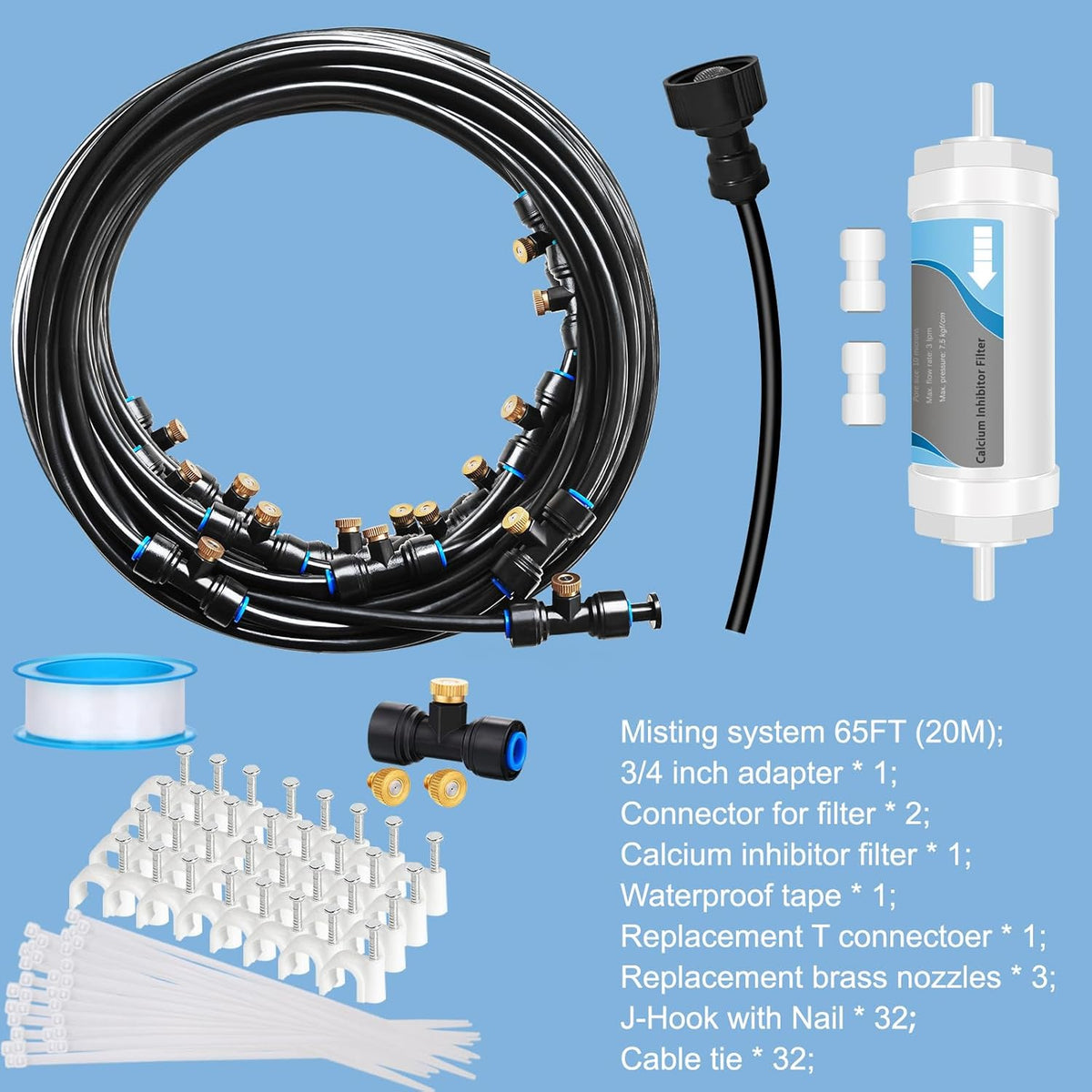 Misting System with Water Filter - Upgraded Signice 65 Ft (20M) Line & 15 Brass Mist Nozzles Outdoor Misters for Patio Cooling Mister Systems Kit for Outside Garden Backyard Greenhouse (Black)