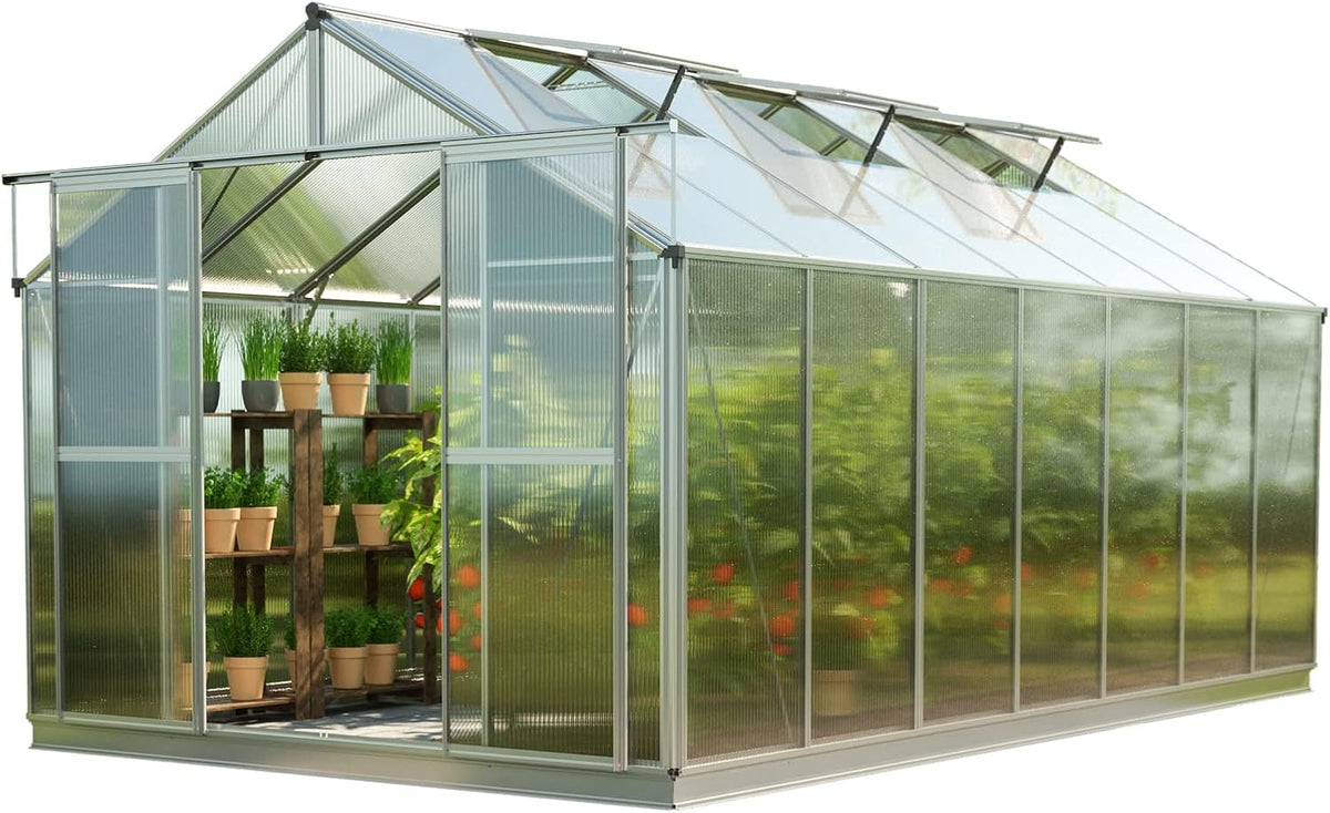 Greenhouse Topas 7 Aluminum Frame 7.4 x 14.7 ft with Approx. 8 mm Polycarbonate Panels - with Bonus Base Frame and Automatic Vent Opener