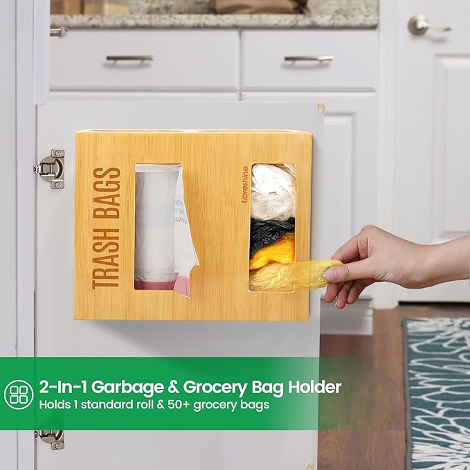 Dual Roll Bamboo Trash Bag Dispenser & Grocery Bag Holder, 2-Compartment Organizer for 13–33 Gallon Rolls (Fits Up to 5.2”Dia), Wall Mount or Under Sink, Stackable Storage