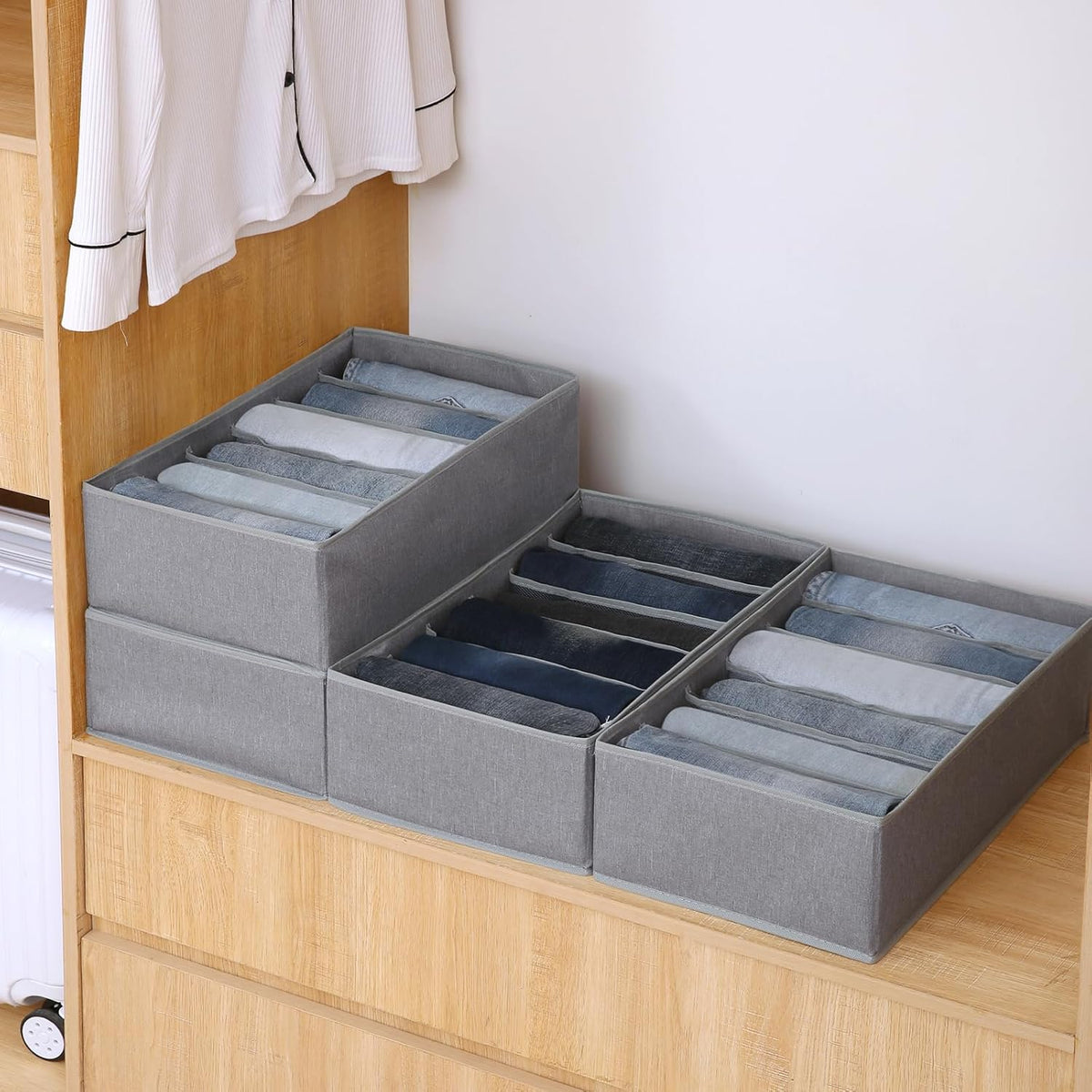 Qozary Jeans Pants Organizer for Closet, 4 Pack Drawer Organizers for Clothing, 6 Grids Wardrobe Clothes Organizer, Jean Organizer for Closet, Deep Drawer, Clothes Organizer for Shirts, Legging