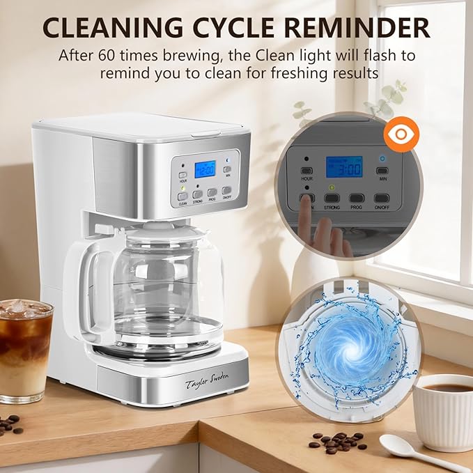 Taylor Swoden 12-Cup Programmable Coffee Maker, Regular & Strong Brew Drip Coffee Machine for Home and Office, Glass Carafe, Pause & Serve, Auto Shut Off, White & Stainless Steel