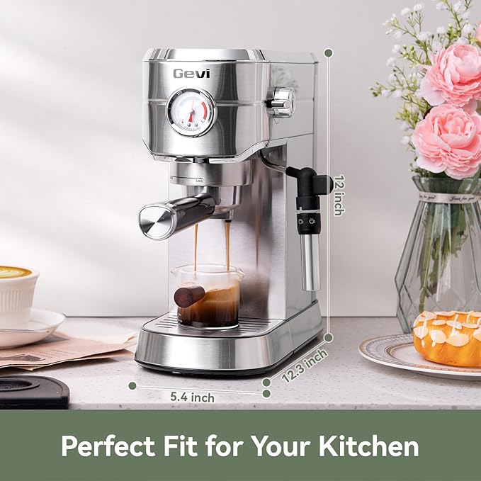 Gevi Espresso Machine 20 Bar - Auto Milk Frother & Steam Wand, NTC Temp Control, Compact Stainless Steel Cappuccino Maker, Ideal for Coffee Lovers & Home Baristas
