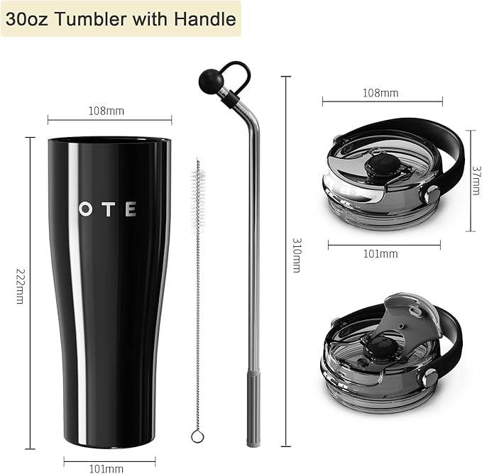 OTE 30OZ Tumbler with Handle, 316 Stainless Steel Water Bottle with Straw, 800ML Vacuum Insulated Bottle, Insulated Travel Mug, Tumbler for Office or Home, Cup Holder Friendly, Keep Hot/Cold (Black)