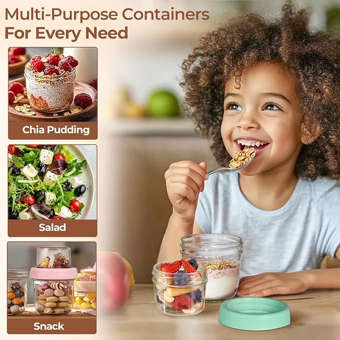 ComSaf Overnight Oats Containers with Lids (8oz+4oz, 2Pcs), Glass Yogurt Parfait Cups for Cereal Nut Fruit, Dual-Layer Chia Pudding Jars Reusable, Small Mason Jars for Salad, Meal Prep, Snack, Oatmeal