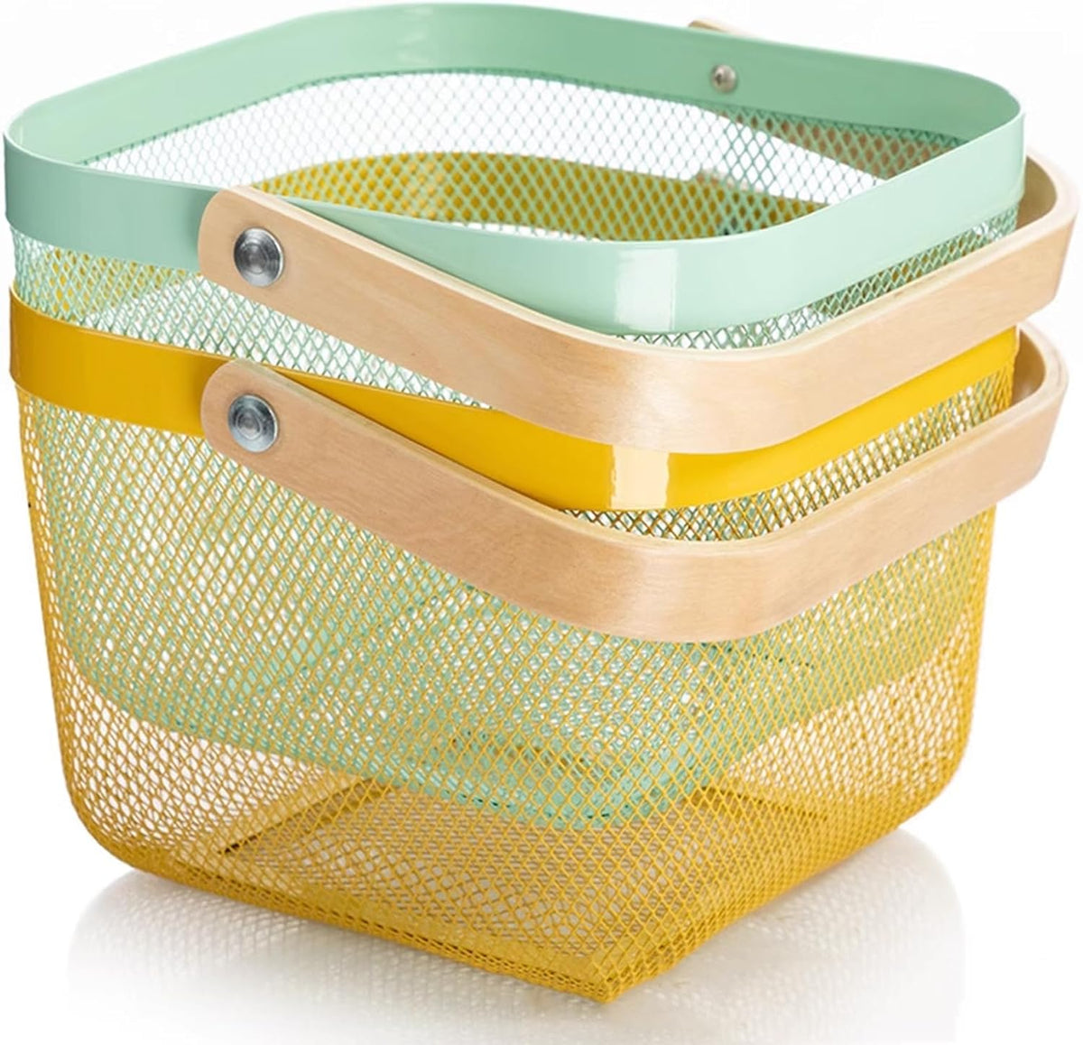 Metal Mesh Steel Basket, Storage Organizer Basket Multi-functional Hanging Kitchen Baskets Fruit Baskets with Wooden Handle for Kitchen Bathroom Picnic Shopping Decor Cabinet Home, Yellow