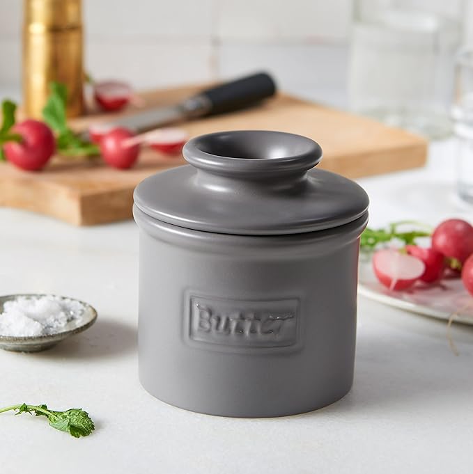Butter Bell - The Original Butter Bell crock by L Tremain a Countertop French Ceramic Butter Dish Keeper for Spreadable Butter Café Matte + Retro Collection & Steel Gray + Maraschino Red Glossy Finish