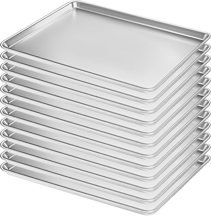 Full Size Commercial Quality Baking Sheet Pan, Bastwe Aluminum Cookie Tray Pan for Oven, Freezer, Bakery, Hotel Restaurant, Thick Steel Rim Prevents Warping (12 Pack, 26 x 18 Inch)