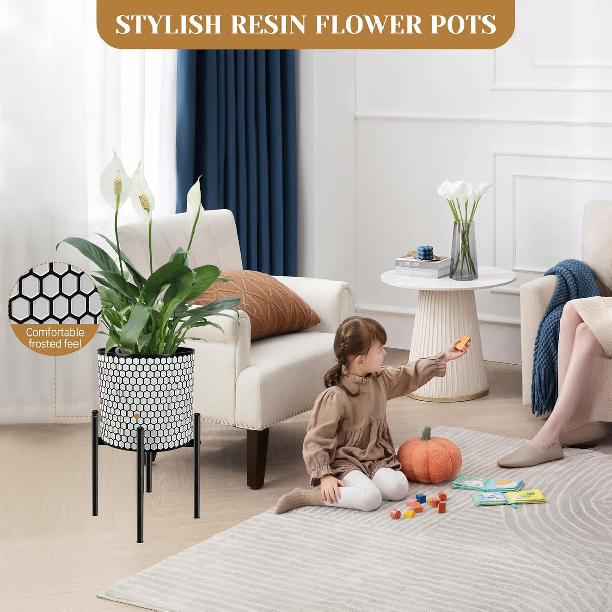12 Inch Flower Pot Without Bracket with Drainage Holes Suitable for Indoor and Outdoor Decorative Planting (Black White Hexagon, 12 Inches)