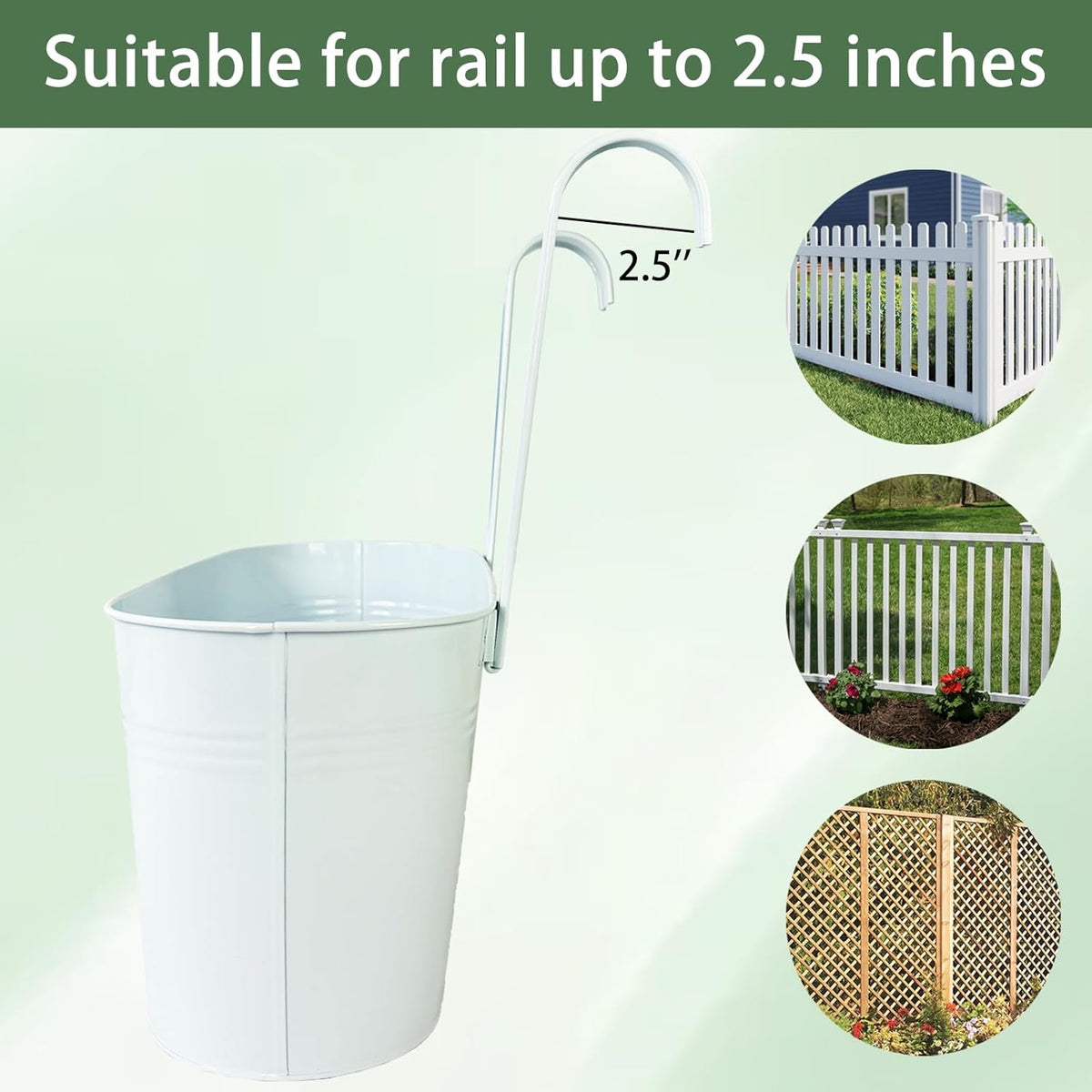 Hanging Planters for Outdoor Plants, 17" Railing Planter Pots, Metal Fence Flower Pot for Porch Balcony with Detachable Hook (White, Pack of 6)