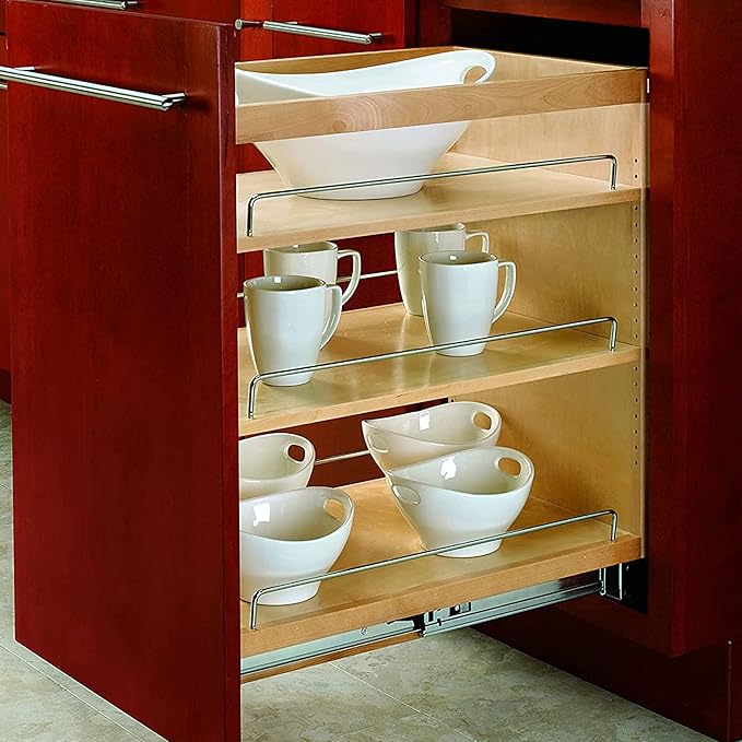 Rev-A-Shelf 14" Pullout Storage Organizer for Base Kitchen/Bathroom Cabinets with Soft-Close Full Extension Slides & Adjustable Shelves, 448-BCSC-14C