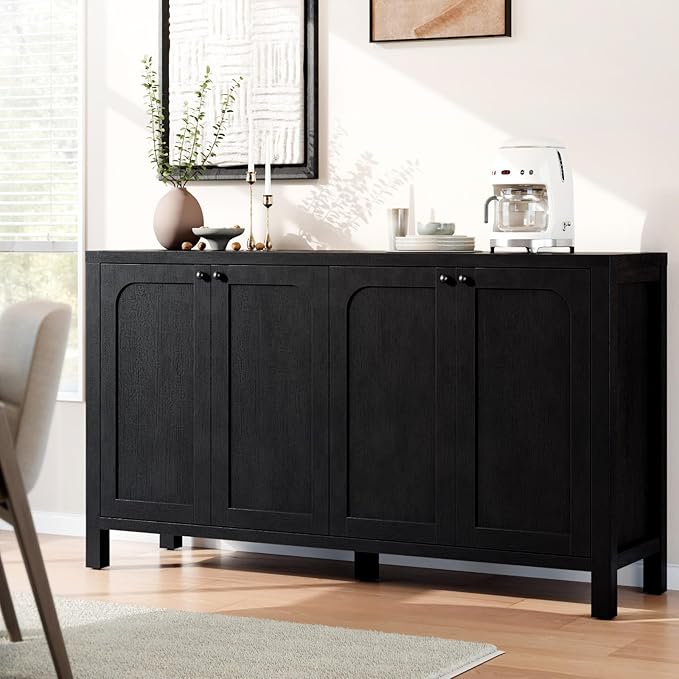 55" Black Sideboard Buffet Cabinet with Storage Modern Credenza with Doors Heavy Duty Wood TV Media Console Table Accent Cabinet for Living Room Hallway Entryway