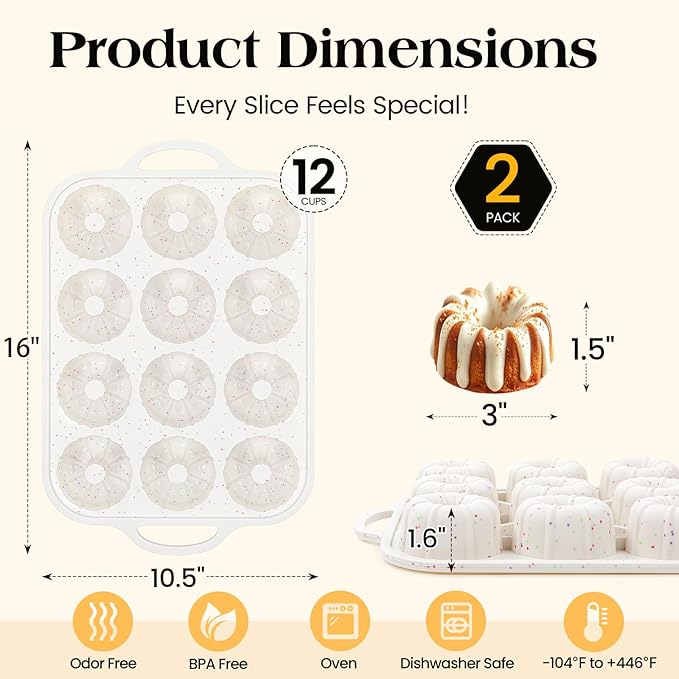 Vinino 2 Pcs Silicone Mini Fluted Tube Cake Pans with Metal Reinforced Frame, 12-Cavity Mini Flan Molds, Non-stick Cupcakes Pans for Baking, Donuts, Muffins, Cornbread, Brownies, Jellies