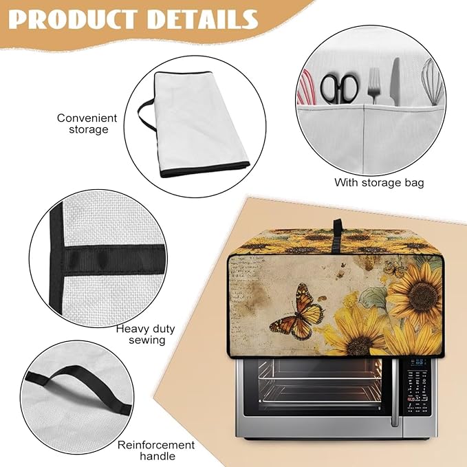 Convection Toaster Oven Cover with Pockets, Easy to Clean, Smart Microwave Baking Oven Dust Cover for Countertop, L, 18.5 x 22.5 x 13 inches, Retro Sunflower Butterfly