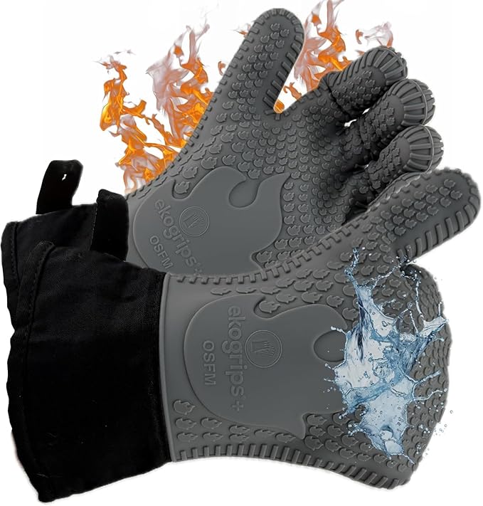Ekogrips+ Premium Silicone Oven Mitts - Comfy, Waterproof, Heat Resistant BBQ Gloves for Grilling, Long Cuff for Added Protection, 5 Finger Dexterity, 3 Sizes, 4 Colors, L/XL, Grey