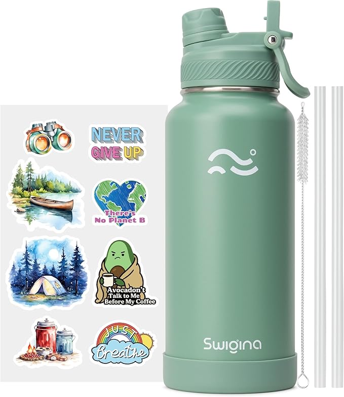 Swigina [2-IN-1 LID] Insulated Water Bottle with Silicone Boot (36hrs Cold/18hrs Hot) - DIY Stickers, Leakproof, BPA Free, 32 oz
