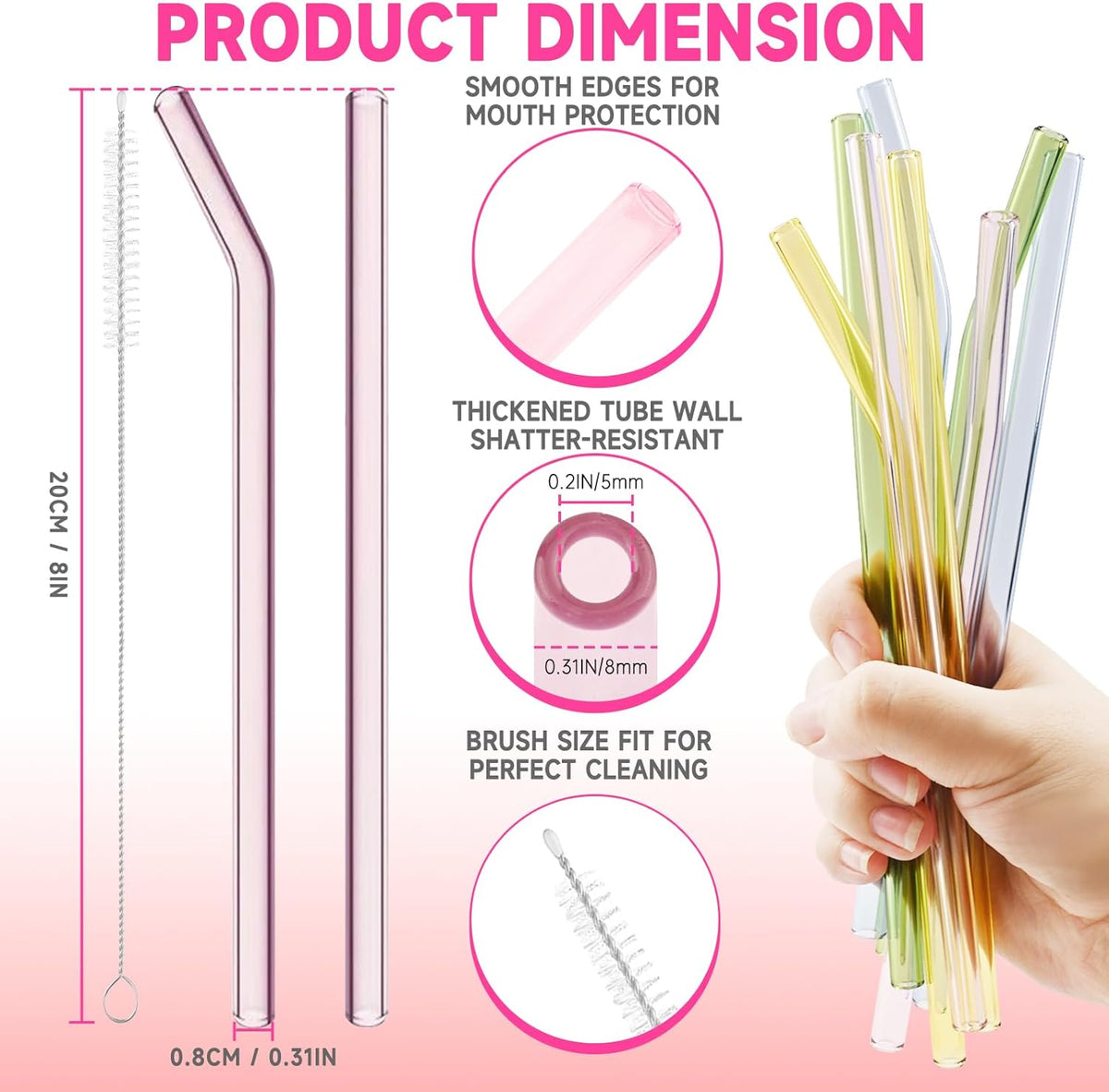 Reusable Glass Straws Shatter Resistant 8” x 8mm, 10 Pcs Colorful Glass Drinking Straws with 2Pcs Cleaning Brush, Including 5 Straight and 5 Bent Reusable Straws for Beverage, Milk, Juice, Coffee