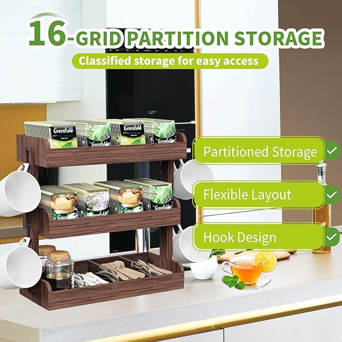 3 Tier Tea Bag Organizer - Wall-Mounted Holder with Partitions, 4 Hooks, Wooden Tea Box for Office, Kitchen, Cabinet, Pantry
