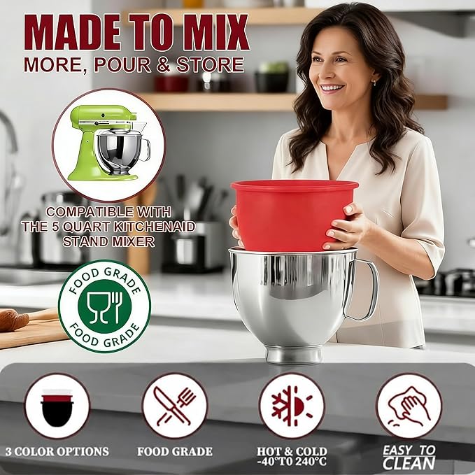 1PCS Silicone Bowl Liners with Lids,5Qt Tilt-Head Silicone Liners for Kitchenaid Stand Mixer,Odourless,Thicker, Cold/Heat-Resistant & Non-Stick, Easy Clean(Red)(with Oven mitts)
