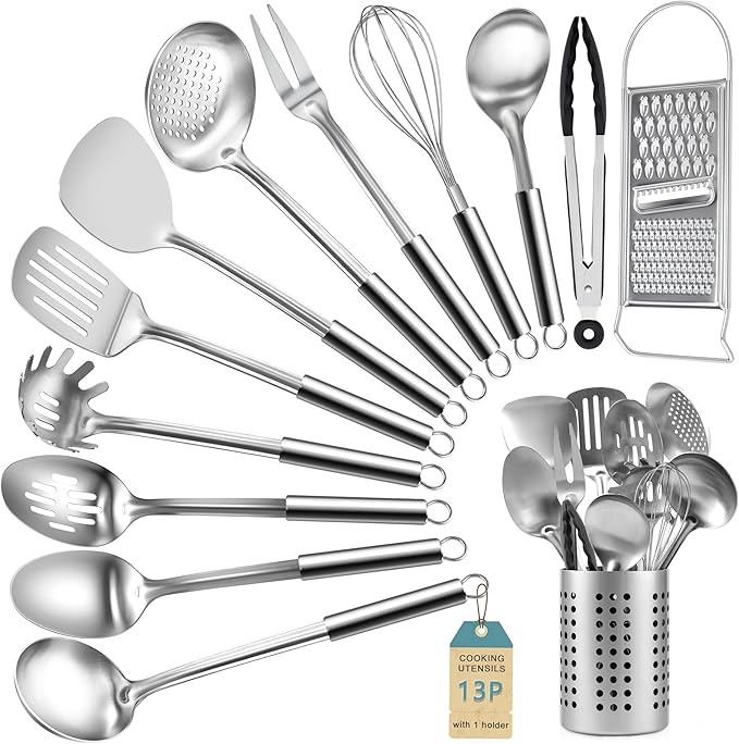 Pleafind Stainless Steel Cooking Utensils Set, 13 Pcs Heat Resistant Kitchen Utensils Set, Nonstick Kitchen Tools Set With Utensil Holder, Metal Spatula Set for Chef, Dishwasher Safe