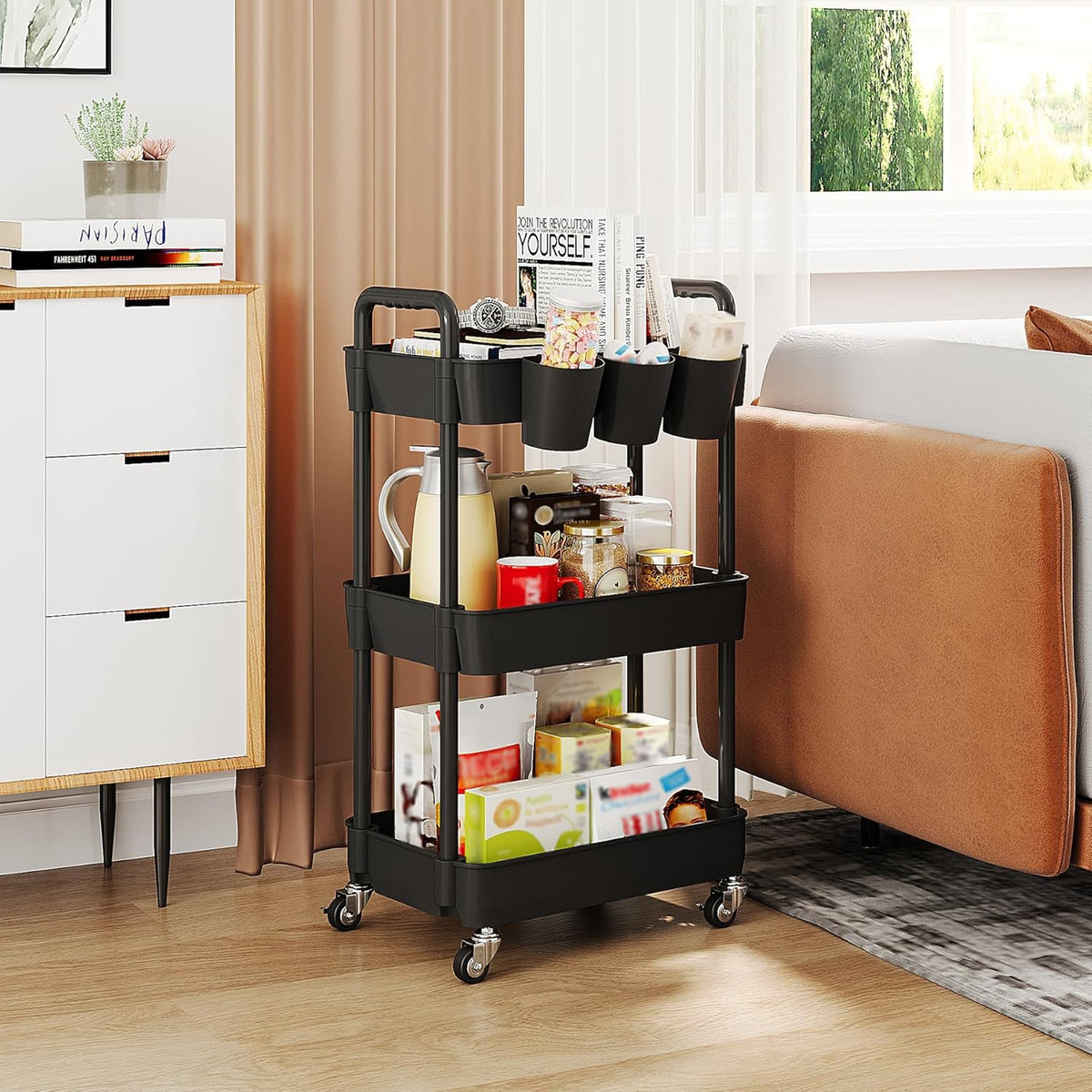 UDEAR 3-Tier Rolling Utility Cart,Multifunctional Storage Shelves with Handle and Lockable Wheels for Room,Office,Kitchen,Bathroom,with 3 Hanging Cups,Black