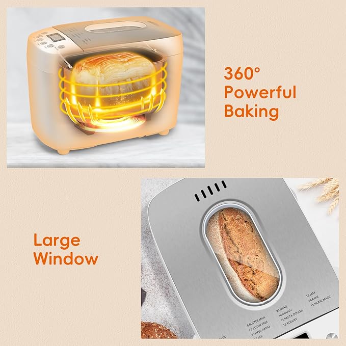 Davivy Bread Maker Machine with 2 Dough Kneading Paddles,15-in-1 Automatic Large Capacity Bread Machine Nonstick Bowl For Bread, Jam& Yogurt, 3 Loaf Sizes and 3 Crust Settings