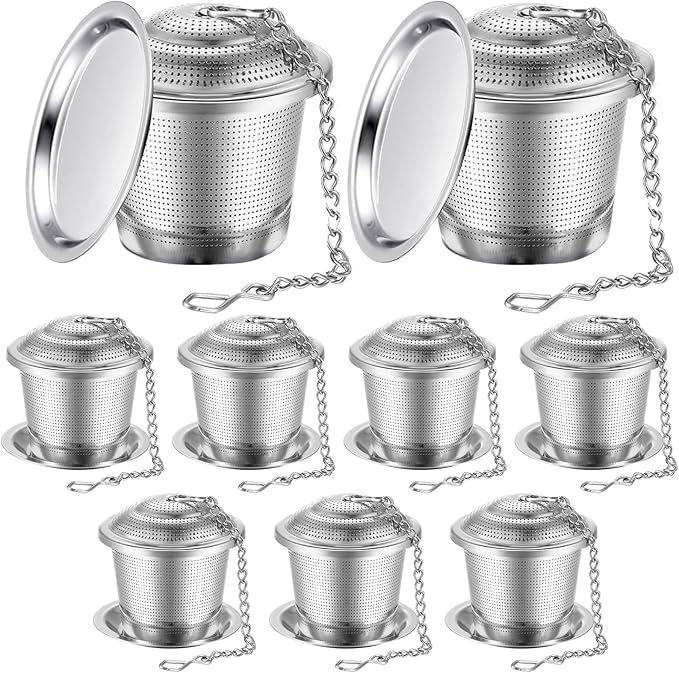 Zopeal 9 Pcs Tea Infuser Stainless Steel Strainer with Extended Chain Hook and Saucer Loose Leaf Steeper Fine Mesh Ball Tea Filter for Brew Spices Seasonings Fits Cup Mug Bottle (Large)