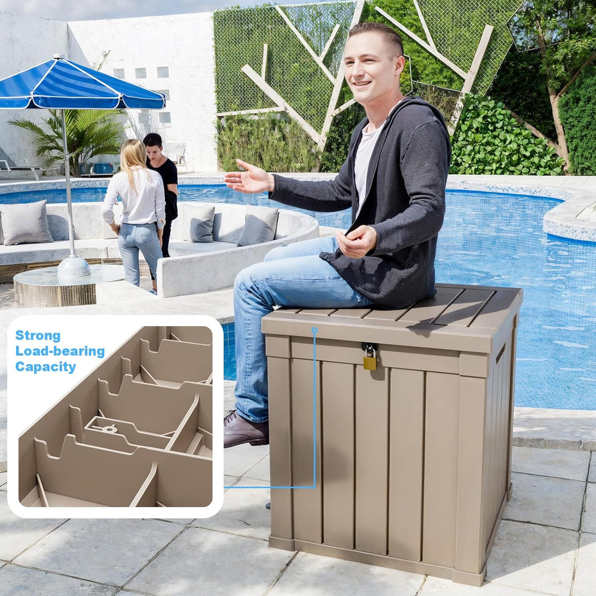 DRATO 50 Gallon Deck Box, Outdoor Storage Box for Patio Cushion, Sports Equipment, Garden Tools, Waterproof Patio Storage box, Lockable (Light Brown)