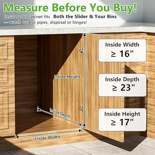 Dual Trash Can Pull Out Under Kitchen Sink Counter, NO CAN, Slider for Double 35Qt Bins(7-9 Gal), Recycling Bin & Garbage Can Pullout Kit, Quiet Close Sturdy Shelf, Requires Cabinet ≥16"W*17"H*23"D