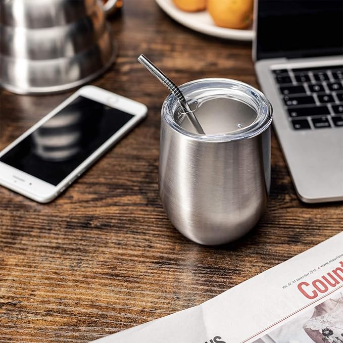 COMOOO 12oz Insulated Wine tumbler with Lid, Stainless Steel Stemless Wine Tumbler Glass,Double Wall Vacuum Wine Tumbler Cups with Straw for Coffee, Cocktails,Beer,Champaign Silver, 12 pack