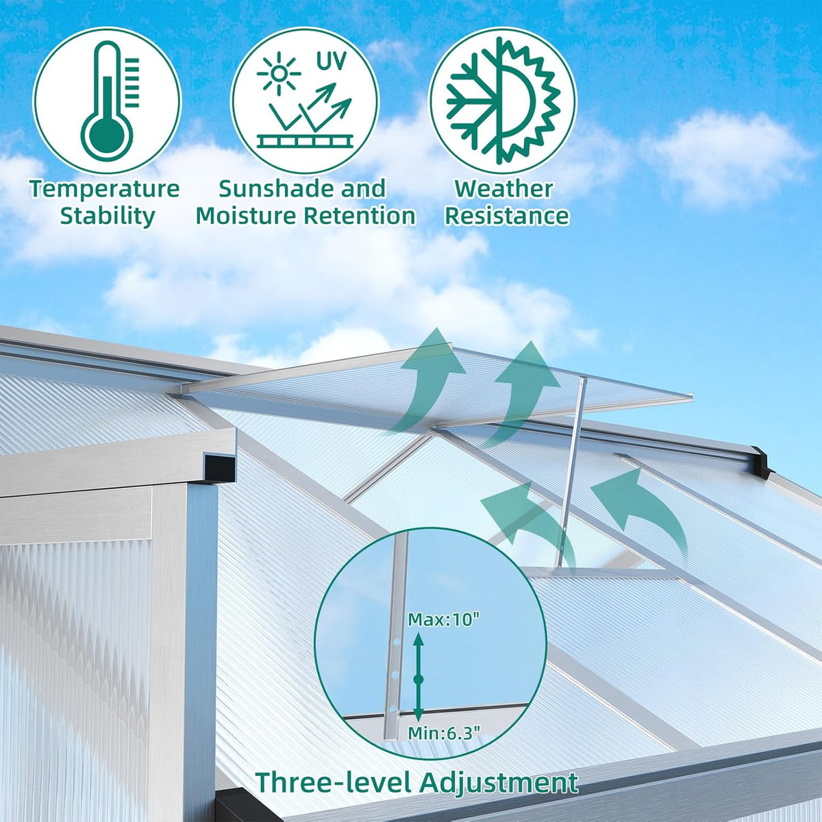 8x12 FT Greenhouse, Large Aluminum Greenhouses for Outdoors, Heavy Duty Polycarbonate Greenhouse with Roof Vent, Walk-in Green Houses for Winter Garden, Backyard, Patio, Lawn, Easy Assembly