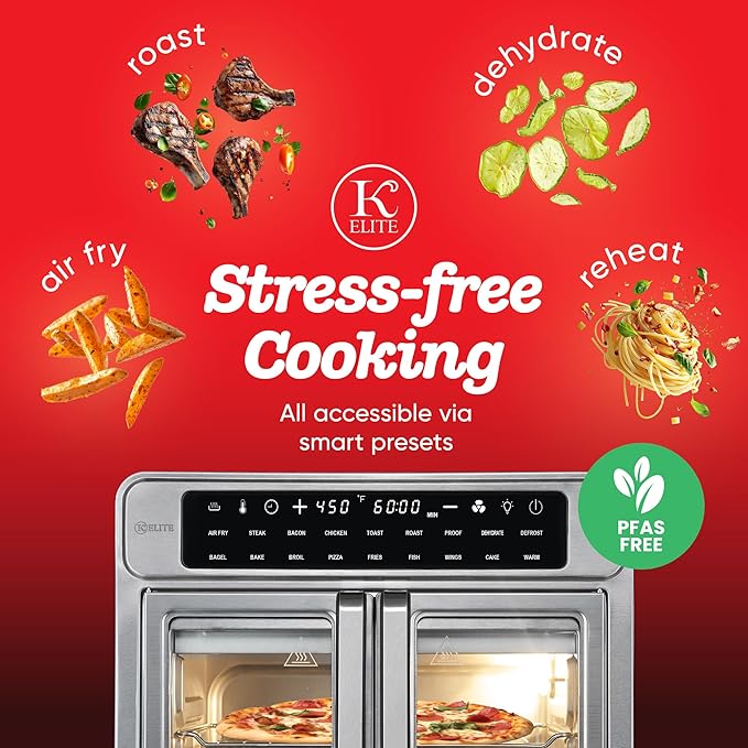 Kitchen Elite 26 Quart French Door Air Fryer Oven – Family Size Countertop Convection Cooker with LED Display, Stainless Steel