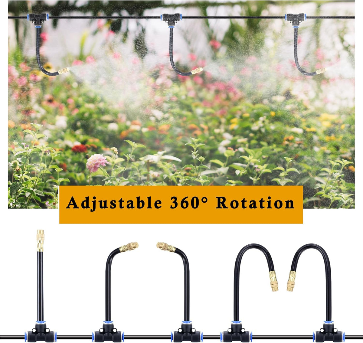 Mornajina Automatic Drip Irrigation Kits Garden Irrigation System, Includes 50FT 5/16 inch Irrigation Tubing Hose & 15Pcs 360° Bending Dropper Atomizing Mist Nozzles Tee for Garden Watering System