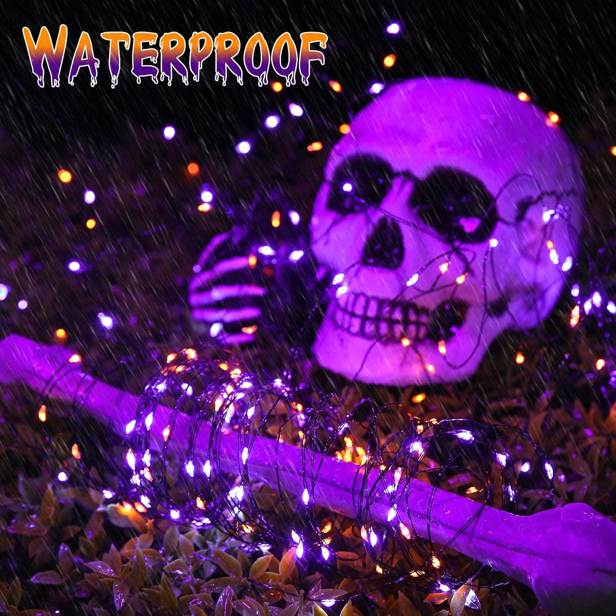 Joomer Orange Purple Halloween Solar String Lights - 2 Pack Total 80FT 240LED Solar Fairy Lights, Waterproof Outdoor Twinkle Lights with 8 Modes for Garden, Porch, Trees, Halloween Decor (Black Wire)