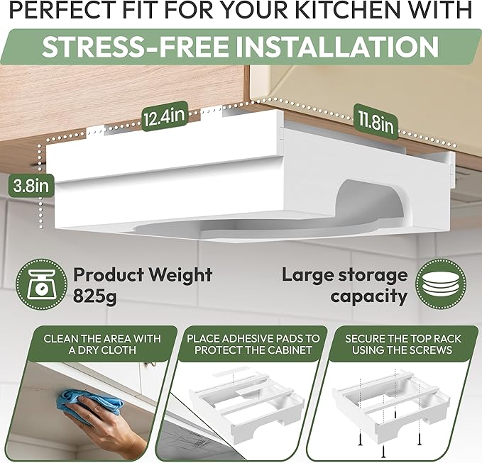 10 inch Paper Plate Dispenser Holder Bamboo Under Cabinet Vertical Rack for Kitchen Countertop Organizer Space Saver Shelf Lid Holder Counter Storage Can Dispenser Pantry Aid Caddy Estante (White)