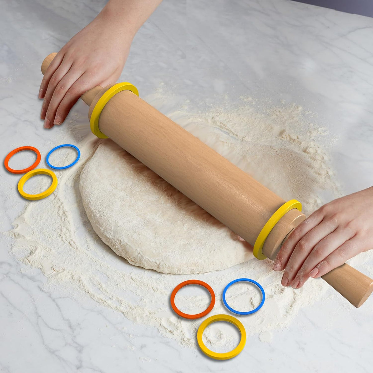 Classic Wooden Rolling Pin with Handle and Pastry Mat for Fondant, Pizza, Pies, Cookies, Rolling Pin for Baking with 3 Multi-Color Thickness Rings, 17" x 2.5" Natural Beechwood