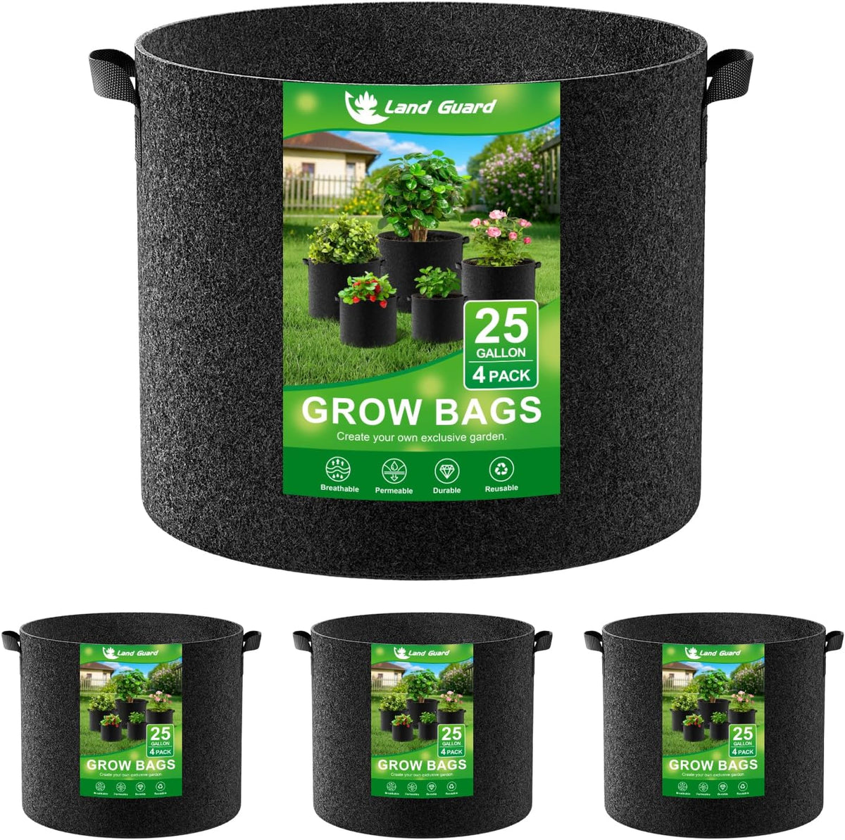 Land Guard 4-Pack Fabric Grow Bags 25 Gallon, Thickened Nonwoven Garden Pots, Growing Bags with Handles, Black