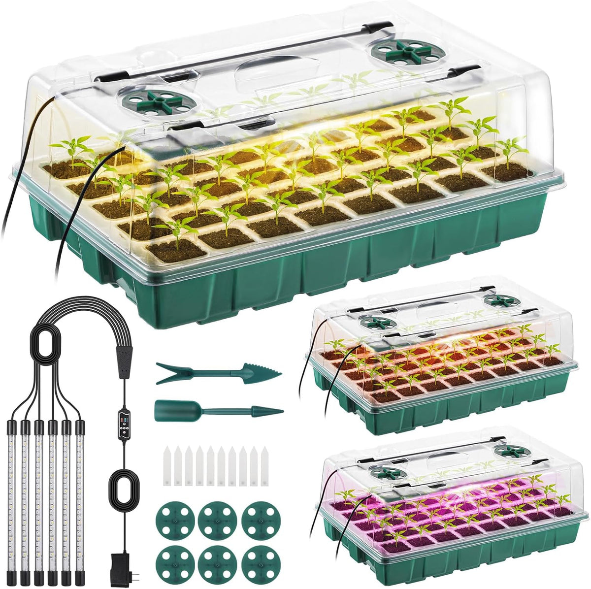 3 Pack Seed Starter Tray with Grow Light, 120 Cells Seeding Starter Kits, Germination Kit, Green House Germination Trays with Smart Timer, Humidity Dome, Garden Tools Labels