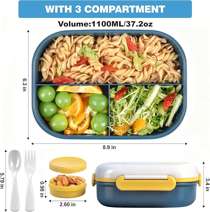 Lunch Bento Box Set - 3 Compartment Containers for Kids and Adults,lunch box for women with Thermo Lunch Bag, Leak-Proof and BPA-Free - Built-in Utensil Set,Sauce - Dishwasher Safe-Blue