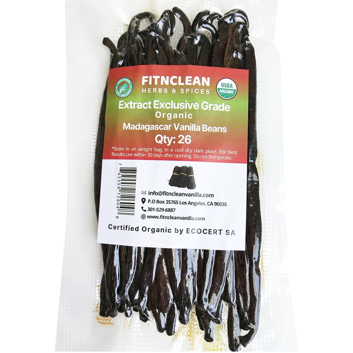 26 Organic Madagascar Vanilla Beans Extract Exclusive Grade B| 4.5" - 5.5" by FITNCLEAN VANILLA| Certified USDA Organic. Bulk Dry Whole Bourbon NON-GMO Pods